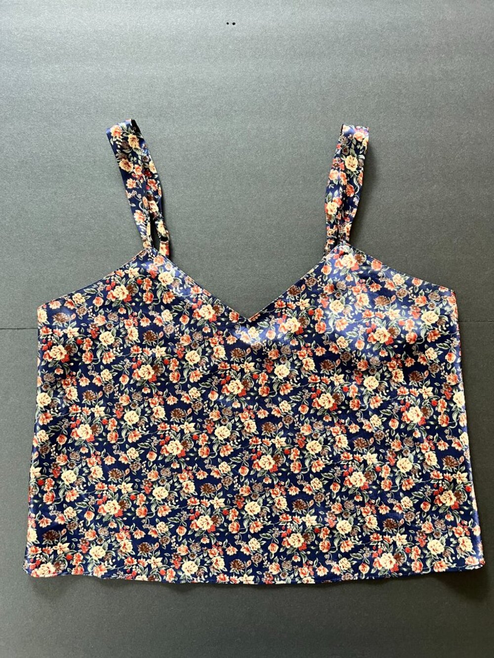 Vintage Cacique Navy Floral Spaghetti Strap Lingerie Cropped Satin Cami